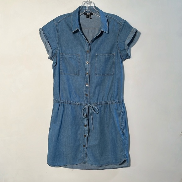 PAIGE Mila Cap SLV Drawstring Waist Cotton Denim Chambray Mini Shirtdress SZ M - Picture 2 of 16